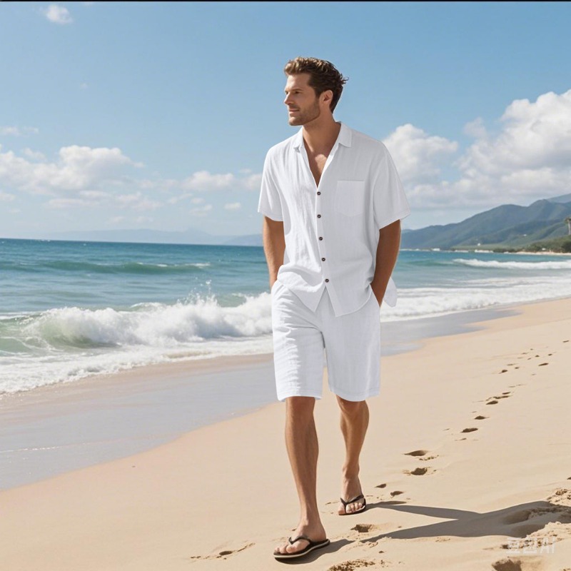 Shirt Camp Collar - Men Linen Blend Camp Collar Shirt
