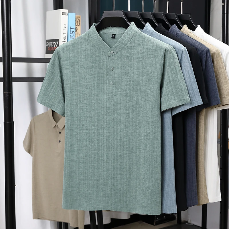 Mens Mandarin Collar Half Plac - огляд і ціна Linen Shirt Breathable